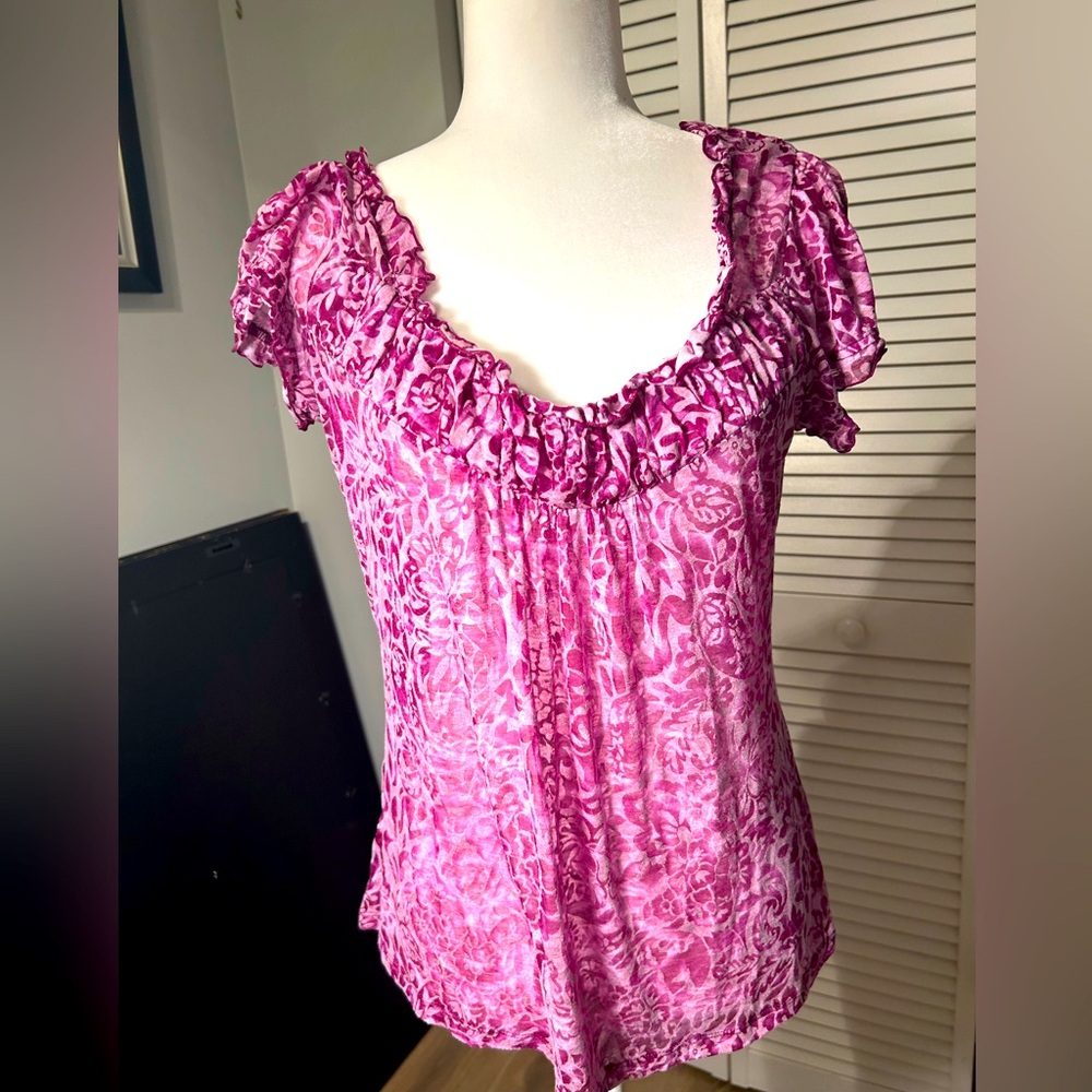 INC International Concepts Sheer Blouse – Large – Purple & Light Floral Design